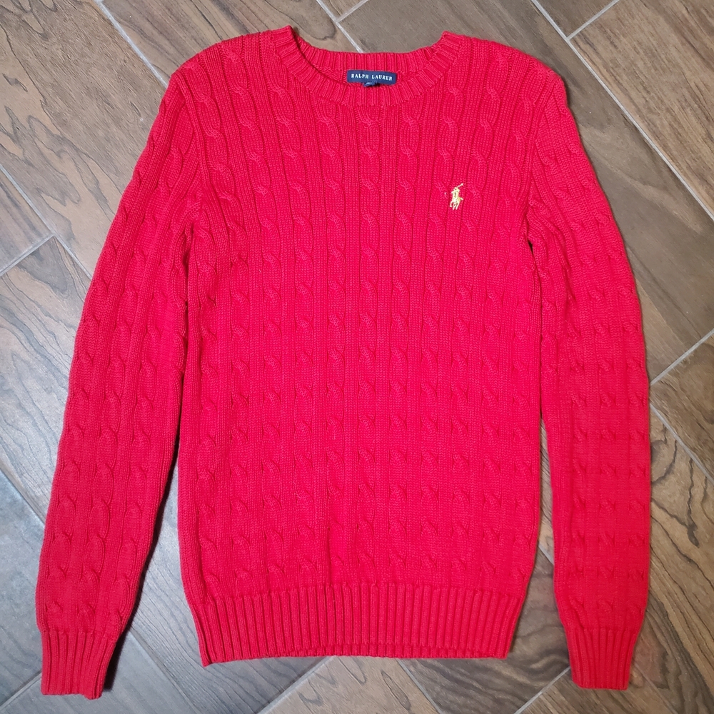 Ralph Lauren Red Cable Knit Sweater Womans M Gold Pony Preppy Cotton - Picture 2 of 13